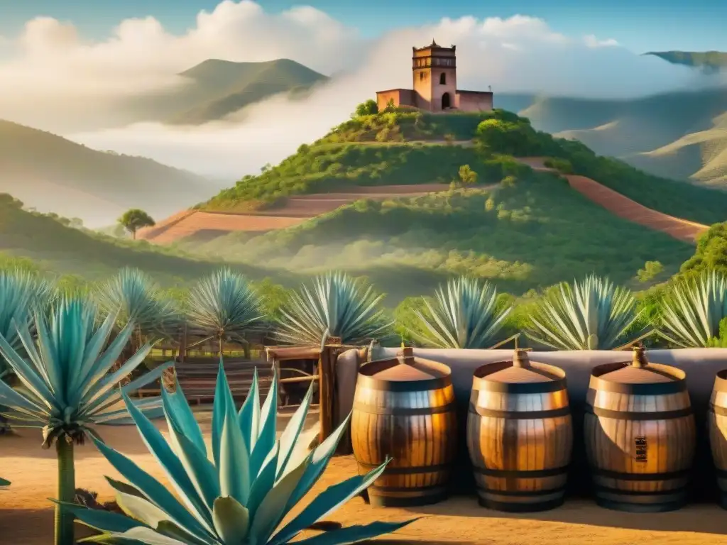 Artesanos del agave: Destilación de tequila y mezcal en México Antigua destilación de bebidas alcohólicas en México, con destilería rústica y artesanos cuidando el proceso