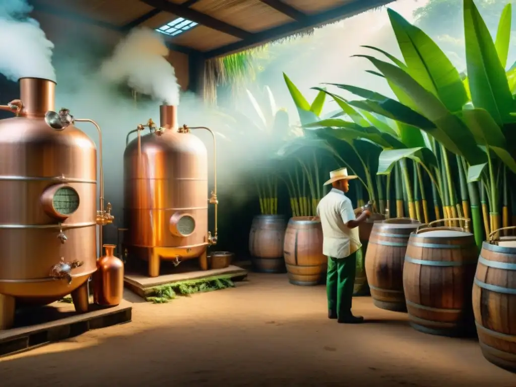 Destilería de cachaça vintage en Brasil: tradición y trabajo artesanal Antigua destilación de cachaza en Brasil con trabajadores en atuendo clásico, alambiques de cobre y exuberante vegetación