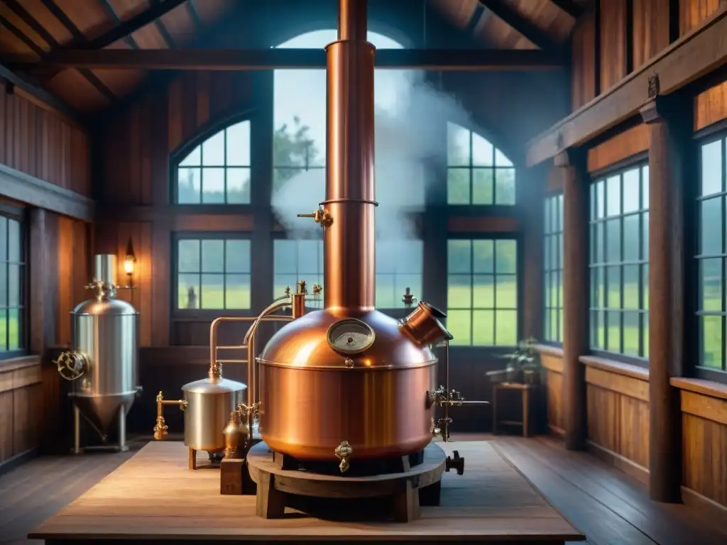 Antigua destiladora de cobre con grabados detallados y pátina cálida, en un alambique de madera rústica iluminado por luz natural