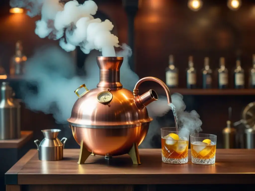 Destilación artesanal de cobre: tradición y elegancia Antigua destilería con alambique de cobre en acción, evocando técnicas modernas destilación bebidas alcohólicas
