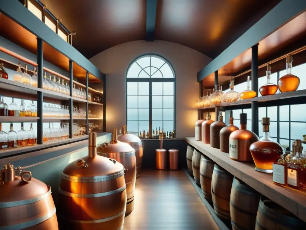 Destilería vintage: alambiques de cobre y barricas añejas Antigua destilería con alambiques de cobre y botellas de licores en estantes, evocando técnicas destilación bebidas alcohólicas
