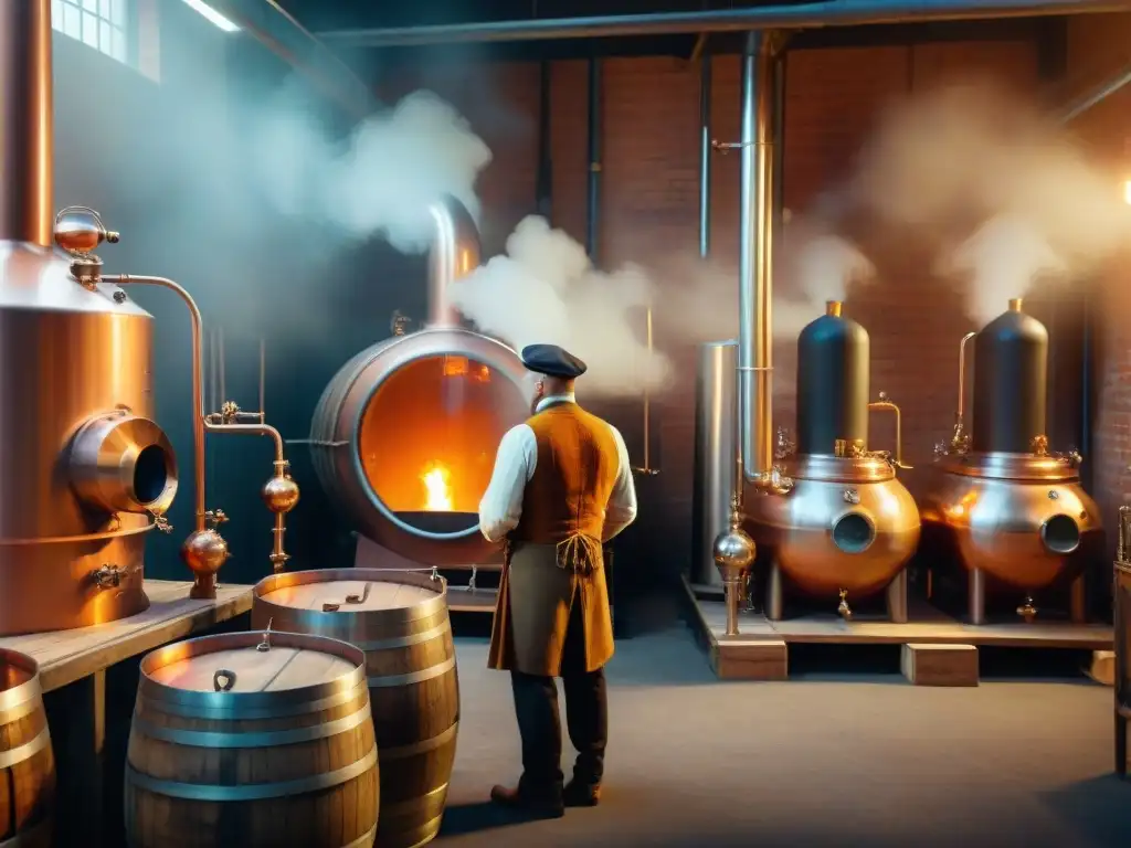 Destilería vintage: arte y tradición en 8k Antigua destilería con alambiques de cobre, barriles y obreros monitoreando temperatura y presión