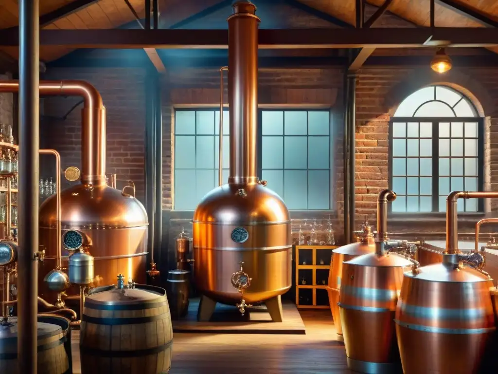 Destilería artesanal: brillo y tradición del alambique de cobre Antigua destilería con alambiques de cobre y barriles de licor envejecido, evocando la automación en destilación de bebidas