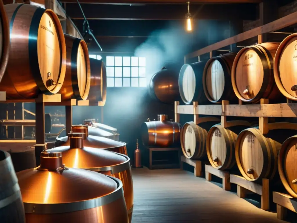 Destilería clásica: alambiques de cobre y barricas de madera en ambiente cálido y tradicional Antigua destilería con alambiques de cobre y barriles de madera alineados en una sala rústica y cálida