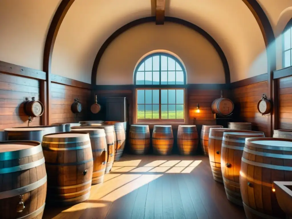 Destilería vintage: barriles, alambiques y tradición Antigua destilería con barriles de madera y alambiques de cobre, bañada por la luz dorada del sol