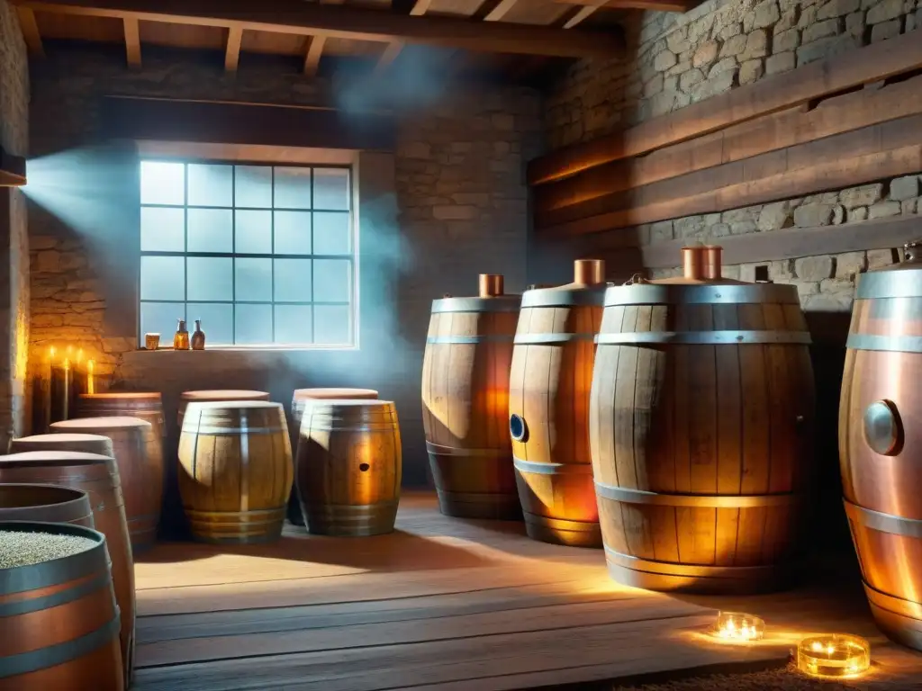 Destilería vintage: historia y tradición en cada barril Antigua destilería con barriles de roble, pot still de cobre y levaduras en destilación alcohol, bañada por luz cálida