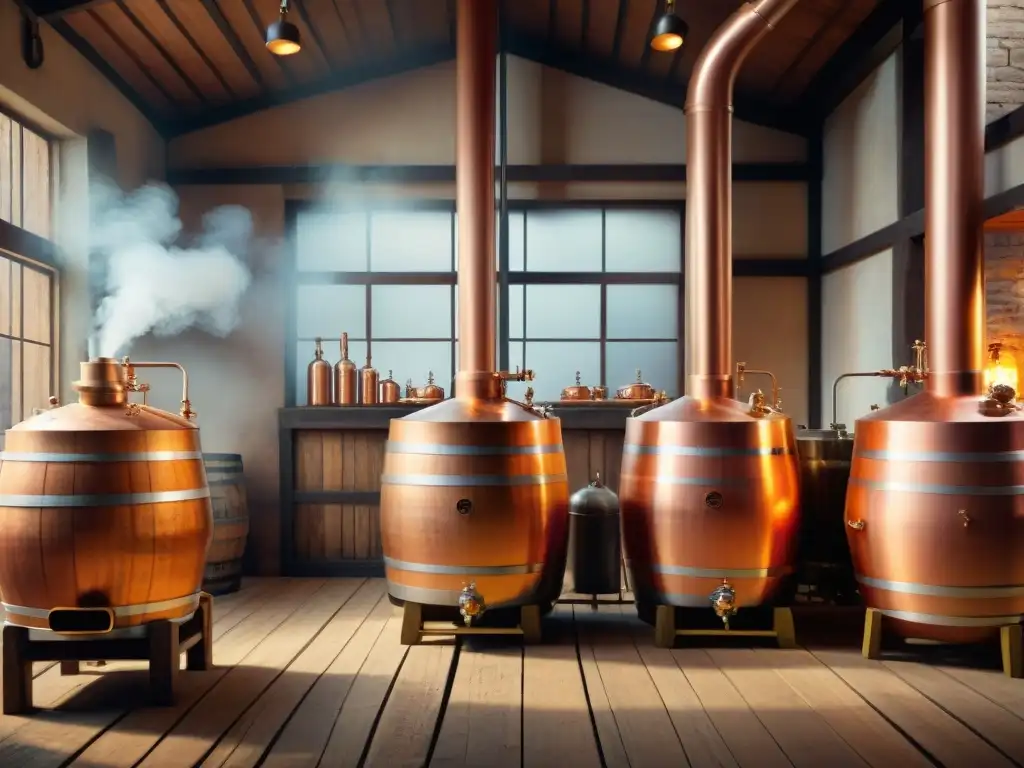 Antigua destilería de cobre con destiladores y líquidos burbujeantes