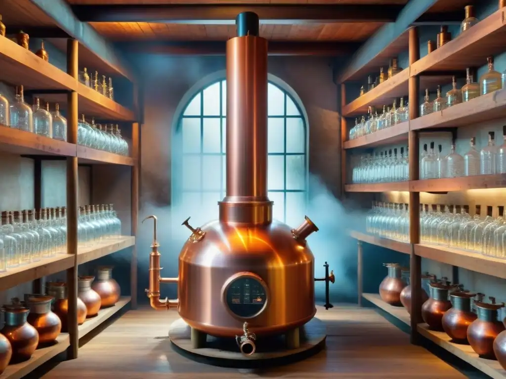 Destilación de cobre vintage en destilería rústica Antigua destilería de cobre iluminada, destilación de bebidas con biotecnología