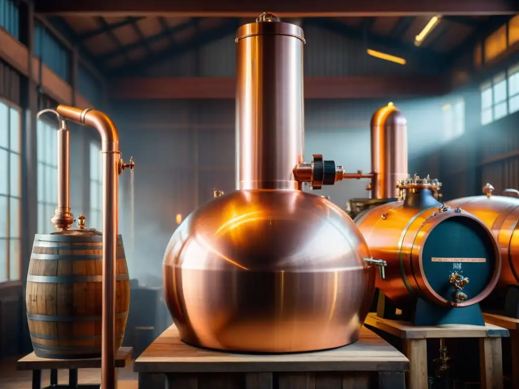 Antigua destilería de cobre con técnicas avanzadas de destilación de bebidas alcohólicas