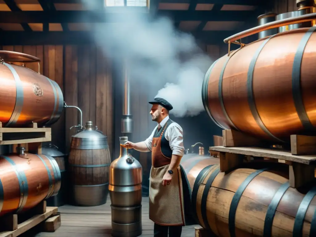 Destilería polaca del siglo XIX: tradición y vodka Antigua destilería polaca del siglo XIX donde trabajadores elaboran vodka, en una atmósfera histórica y nostálgica