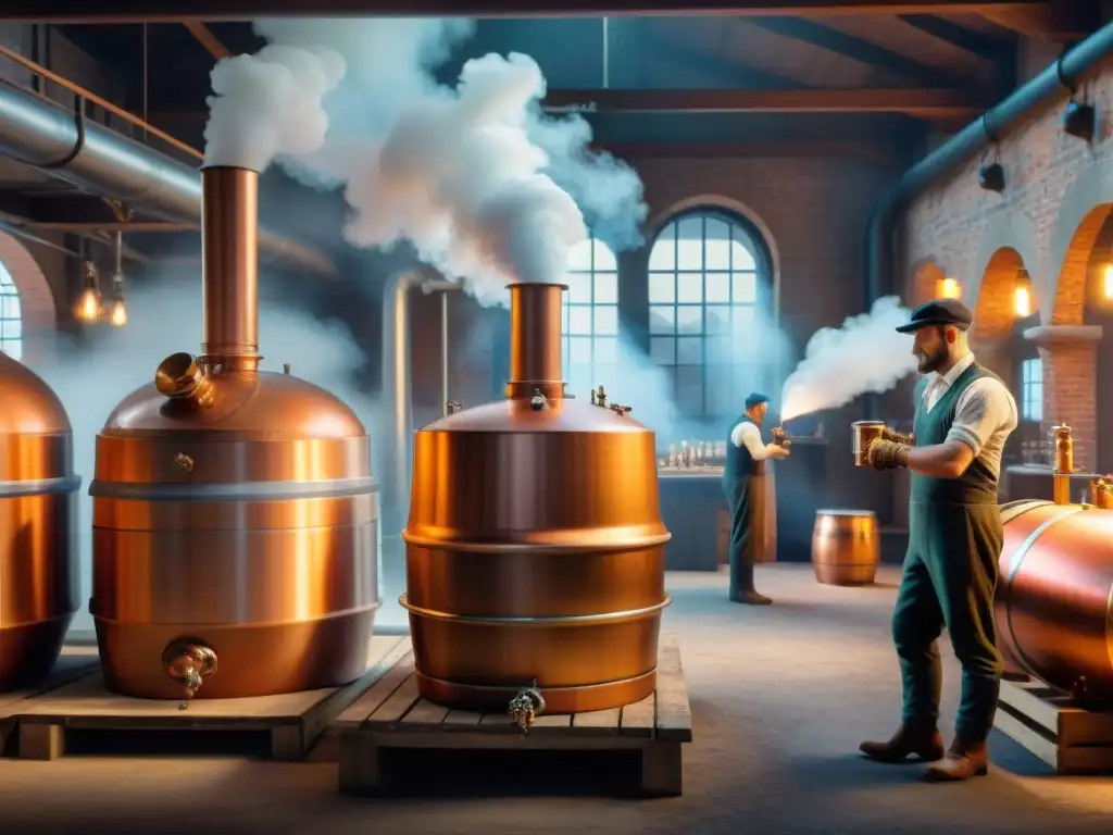 Destilería antigua en plena Revolución Industrial: obreros creando licores Antigua destilería durante la Revolución Industrial, trabajadores elaborando bebidas espirituosas