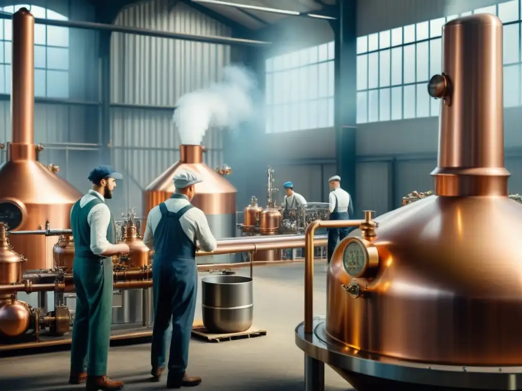 Destilería del siglo XX: Tradición y modernidad en la producción de licores Antigua destilería del siglo XX con trabajadores y maquinaria, mostrando la automatización en destilación de bebidas