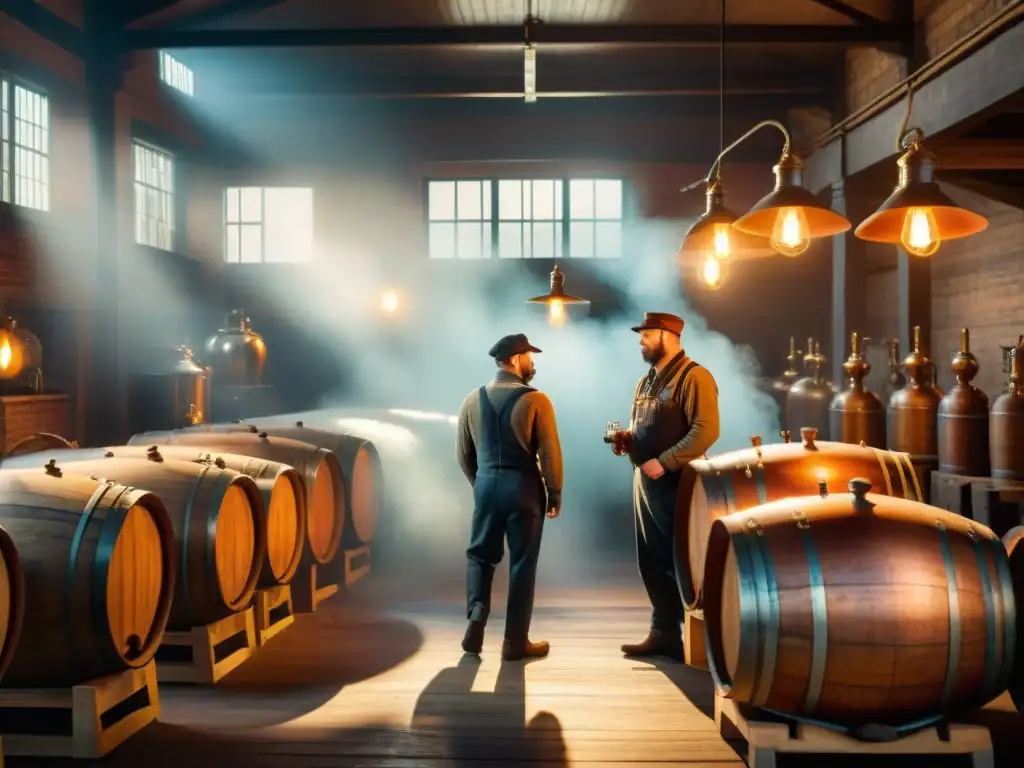 Antigua destilería del siglo XX con trabajadores operando alambiques de cobre