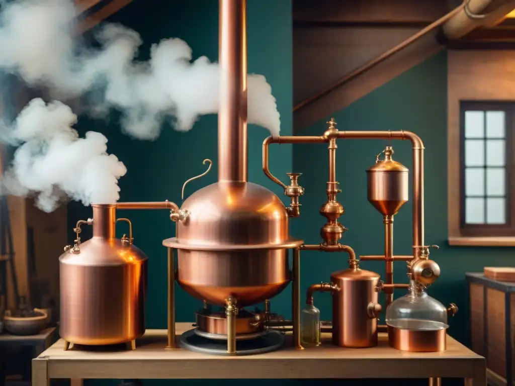 Destilación de cobre: arte y ciencia en acción Antigua ilustración detallada de un alambique de cobre en funcionamiento, destilando líquido con precisión artesanal
