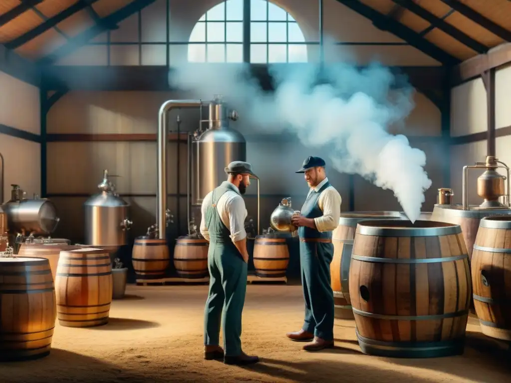 Detallada ilustración vintage: fermentación dual en destilación Una antigua ilustración detallada de fermentación dual en destilación alcohólica en una destilería rural
