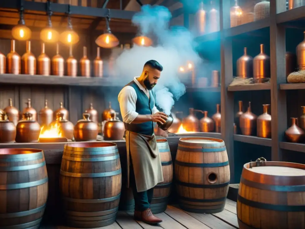 Destilación ancestral: diversidad étnica en mercado histórico Antigua escena de destilación en mercado histórico: diversidad cultural destilando bebidas alcohólicas