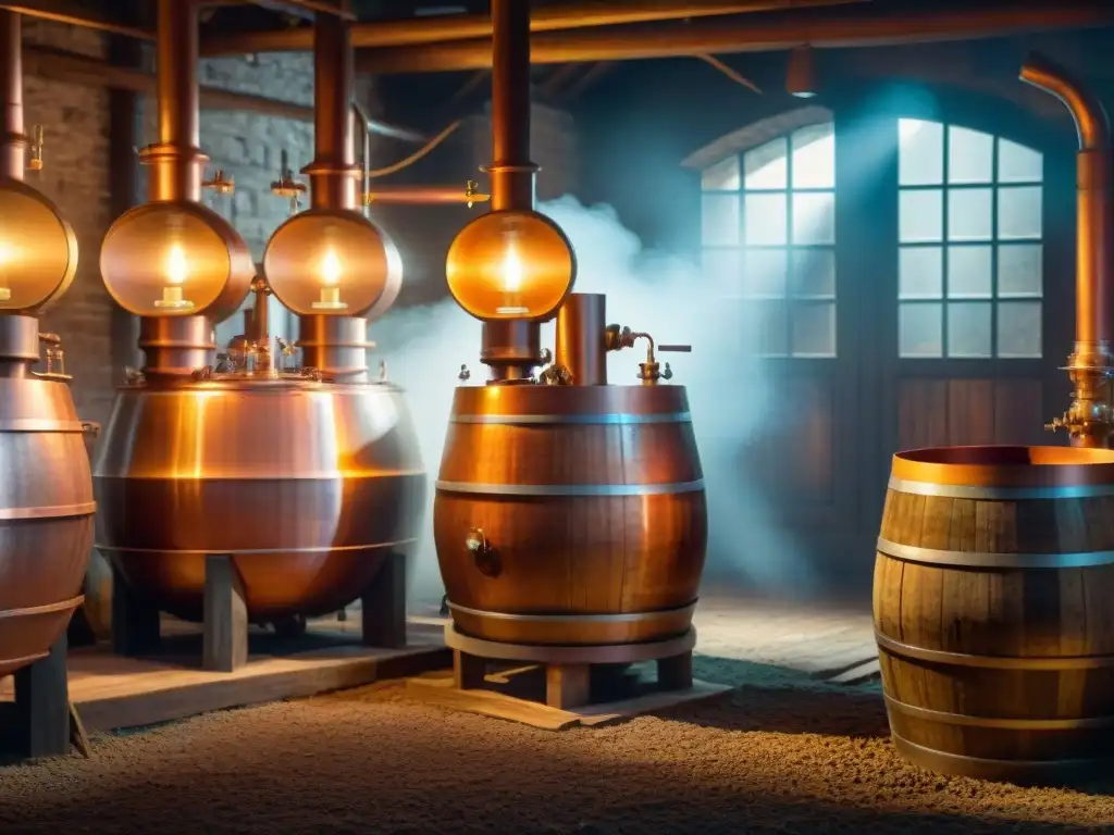Antiguo alambique de cobre en bodega iluminada por velas, destilando licores