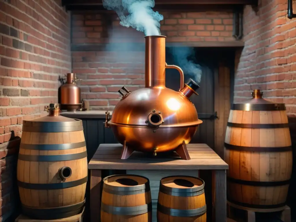 Un antiguo alambique de cobre en una destilería, iluminado por llamas, rodeado de barricas de licor