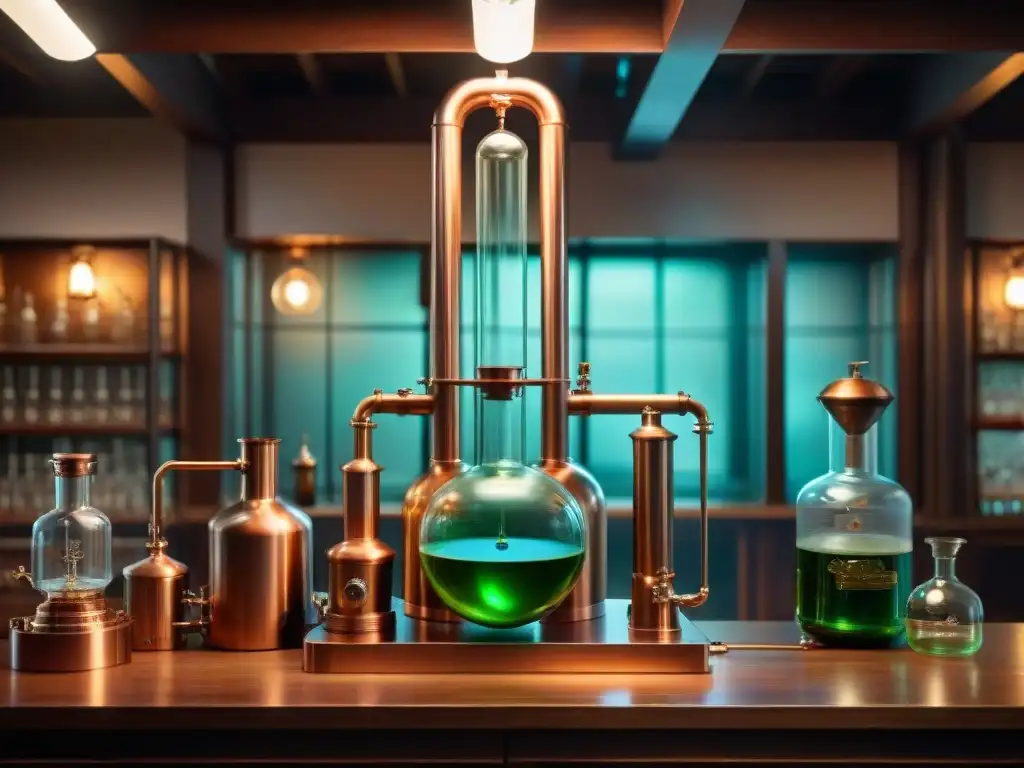 Destilador de cobre antiguo en laboratorio atmosférico Un antiguo alambique de cobre iluminado suavemente en un laboratorio atmosférico, evocando nostalgia por la destilación de precisión