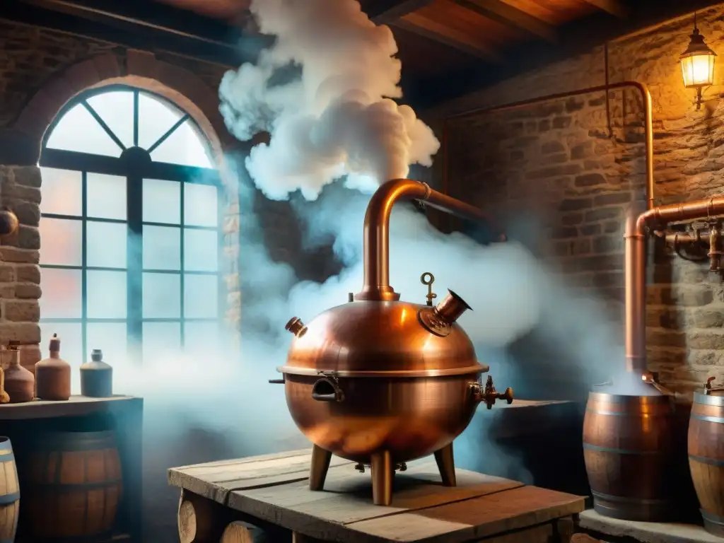 Antiguo alambique de cobre en destilería de piedra iluminado por luz suave, evocando técnicas avanzadas destilación bebidas alcohólicas
