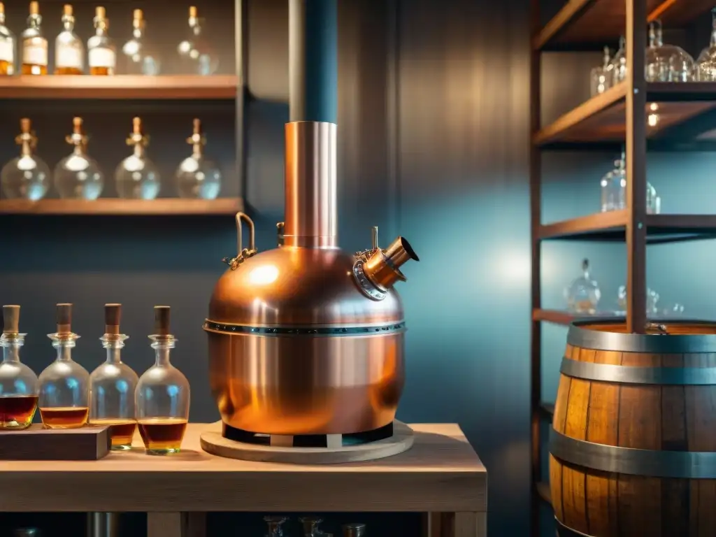 Destilación artesanal: alambique de cobre vintage y barricas de roble Antiguo alambique de cobre rodeado de barriles de madera, botellas y botánicos