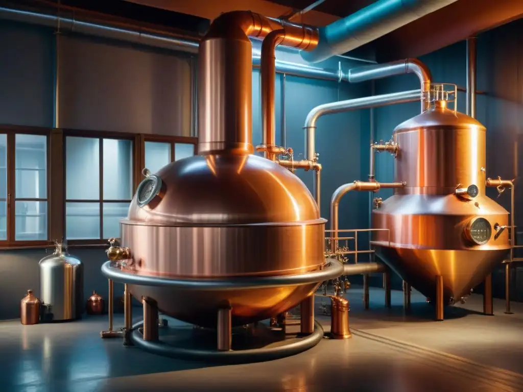 Destilación de vodka en Rusia: historia y artesanía Antiguo alambique de cobre en destilería rusa, con destilación de vodka en Rusia