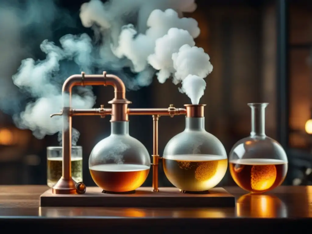 Destilación vintage: precisión científica en un laboratorio atmosférico Un antiguo alambique de destilación con vidrio intricado y líquidos burbujeantes, en un laboratorio atmosférico