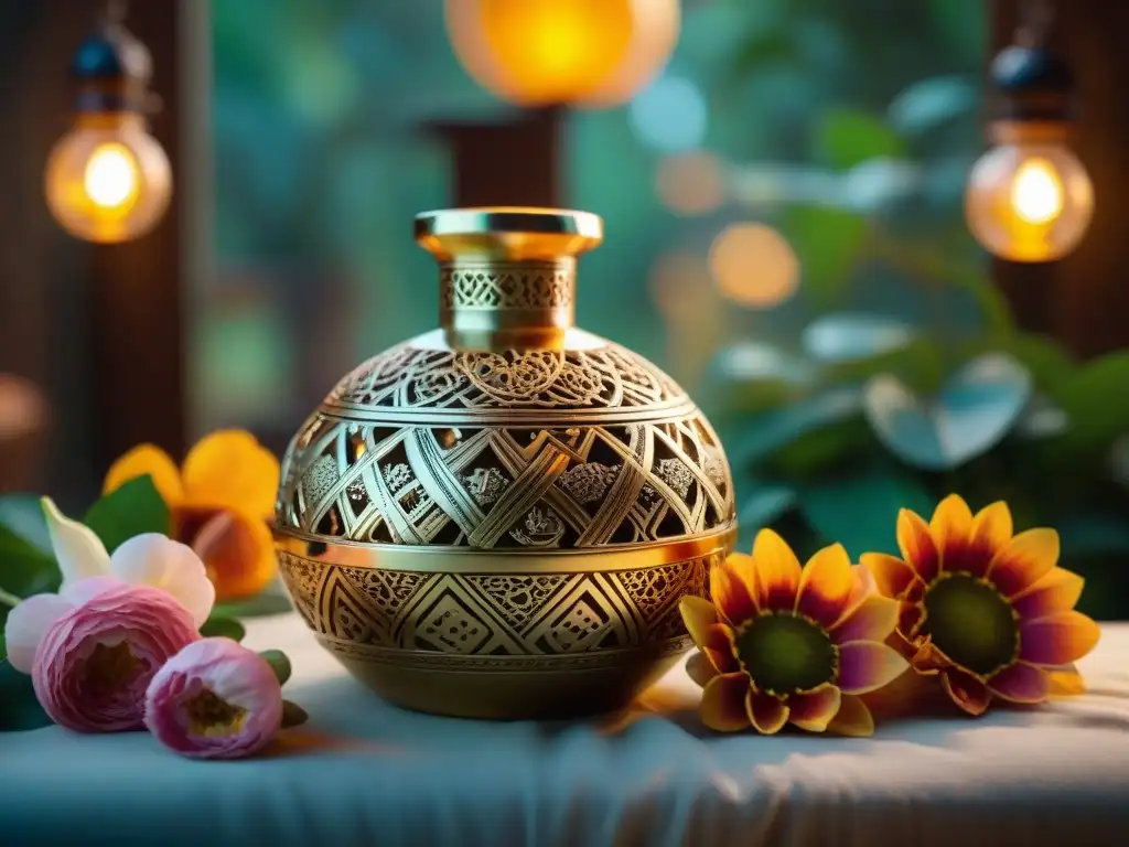 Un antiguo alambique dorado tallado con símbolos antiguos, rodeado de flores exóticas bajo la luz de antorchas en un mercado precolombino en América