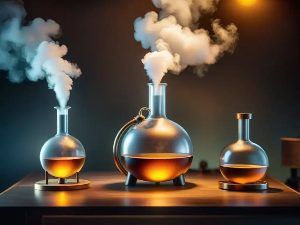 Destilación vintage: detalle en 8k del laboratorio atmosférico Un antiguo alambique en un laboratorio iluminado con destellos de luz, destacando la importancia de la temperatura y presión en la destilación