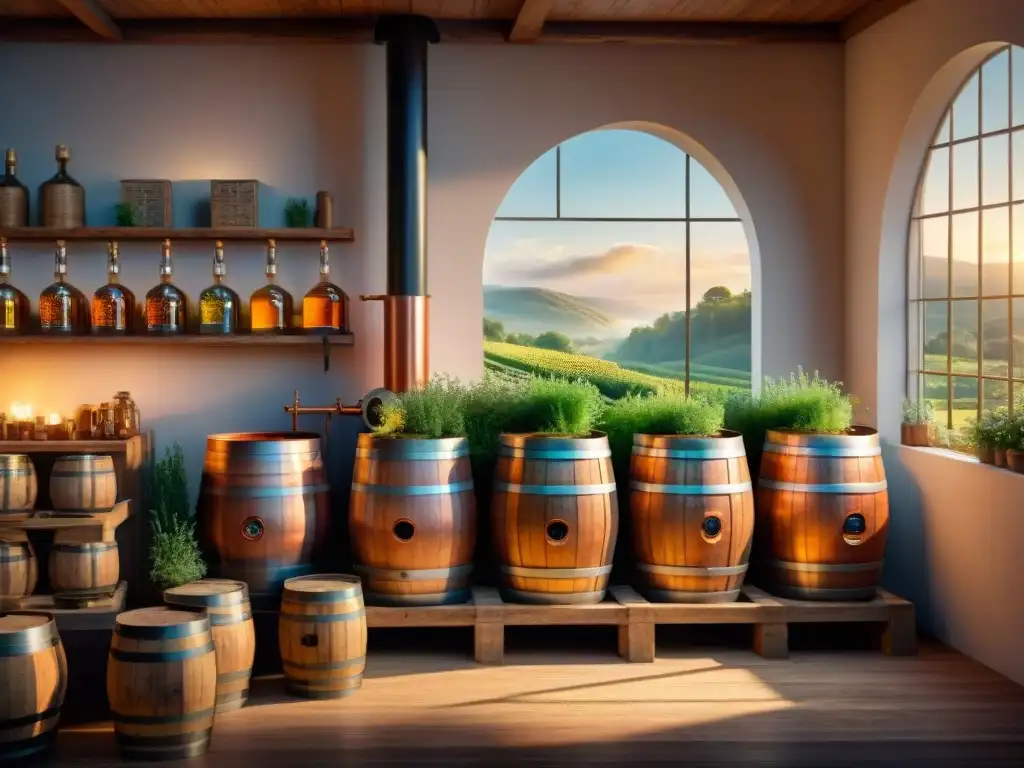 Destilería tradicional: aromas y destellos al atardecer Un antiguo alambique en un paisaje campestre al atardecer, rodeado de hierbas y especias para destilados infusionados, resaltando el arte y la artesanía de la producción