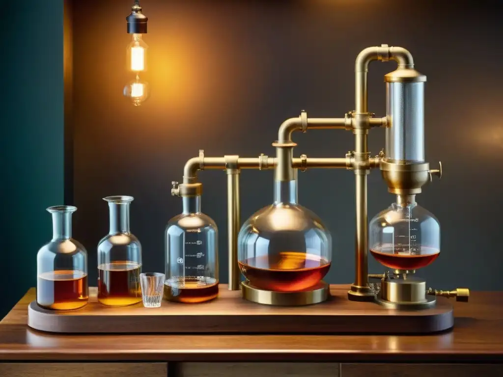 Destilación antigua: laboratorio histórico y precisión científica Antiguo aparato de destilación de latón en laboratorio histórico iluminado por lámpara de gas