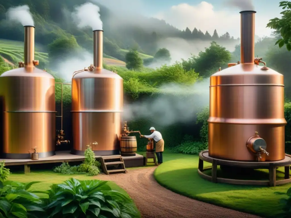 Destilería tradicional en armonía con la naturaleza Un antiguo proceso de destilación de bebidas alcohólicas cuidando el impacto ambiental