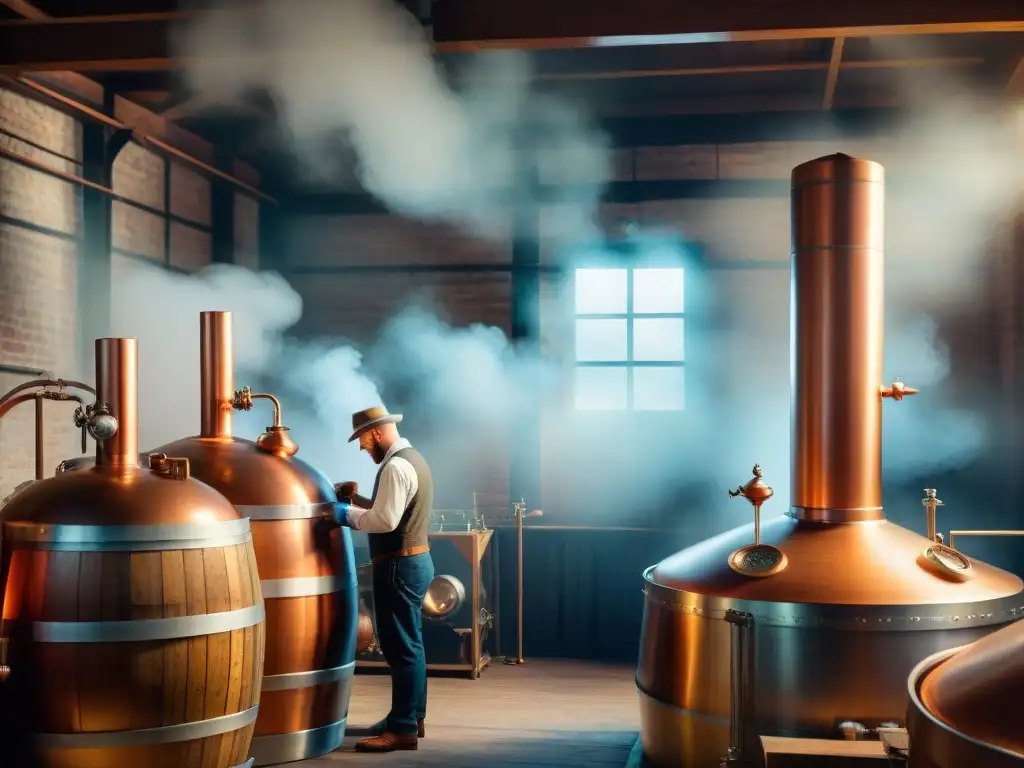 Destilación artesanal: tradición y maestría en destilería histórica Un antiguo proceso de destilación en una destilería histórica, destacando la artesanía y las certificaciones destilación bebidas alcohólicas
