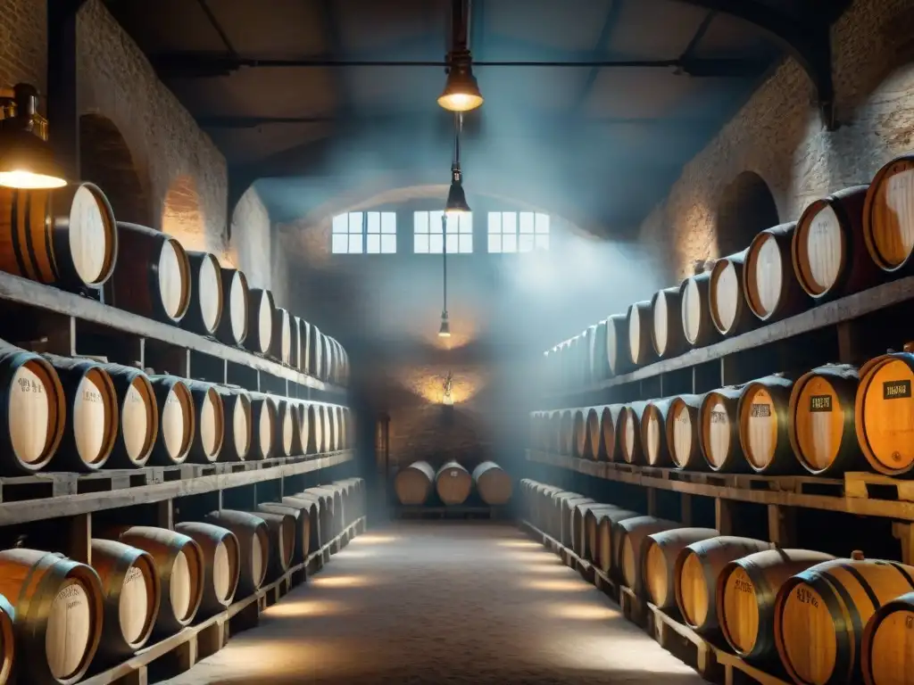 Antigua bodega de brandy: barriles en penumbra Un antiguo y sofisticado sótano de destilería lleno de barriles de brandy envejecido, iluminado por una cálida luz que crea sombras dramáticas