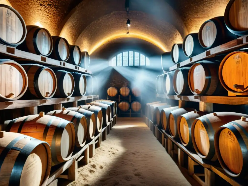 Bodega mística de barricas: historia y tradición en cada destilado Un antiguo sótano de barricas de roble lleno de barriles de licores envejecidos