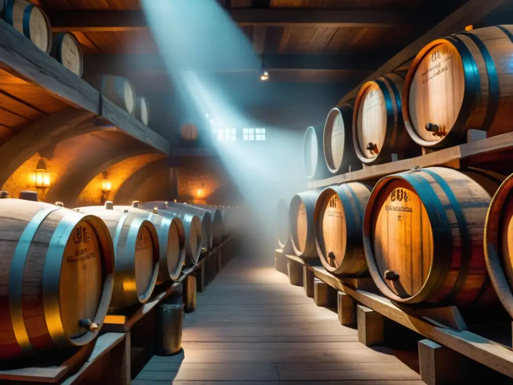 Barricas de bourbon y cognac en bodega vintage: tradición y arte Un antiguo sótano iluminado con barriles de bourbon y coñac envejecidos, destacando las ricas tonalidades ámbar de las bebidas