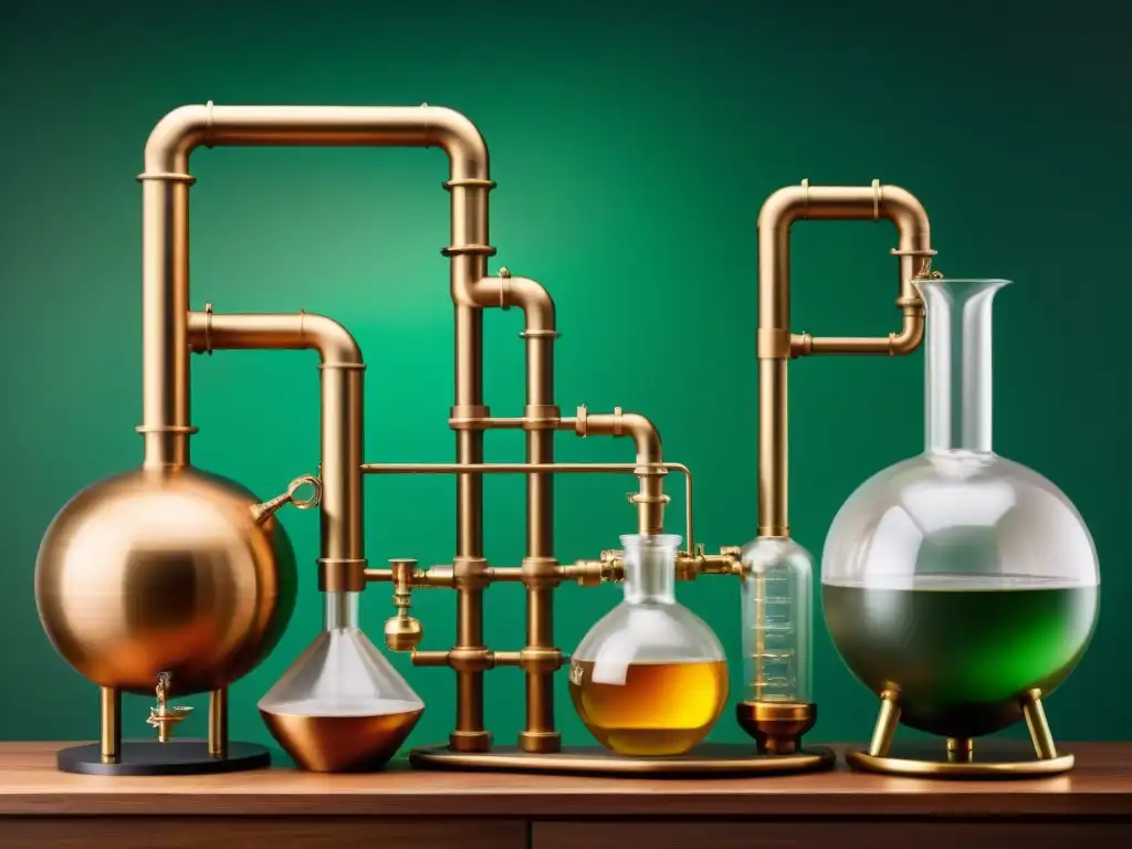 Destilación alcoholfree: innovación y ciencia en acción Destilación alcoholfree: aparato vintage con botánicos y hierbas se transforman en líquidos sabrosos