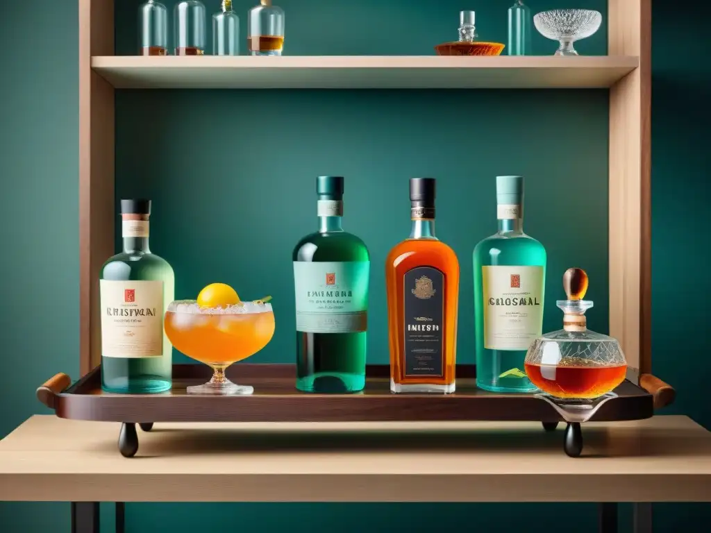 Bar cart de lujo con licores premium y mixers artesanales Armonía destilados mixers experto: Exquisita variedad de licores y mixers en un carrito de bar vintage