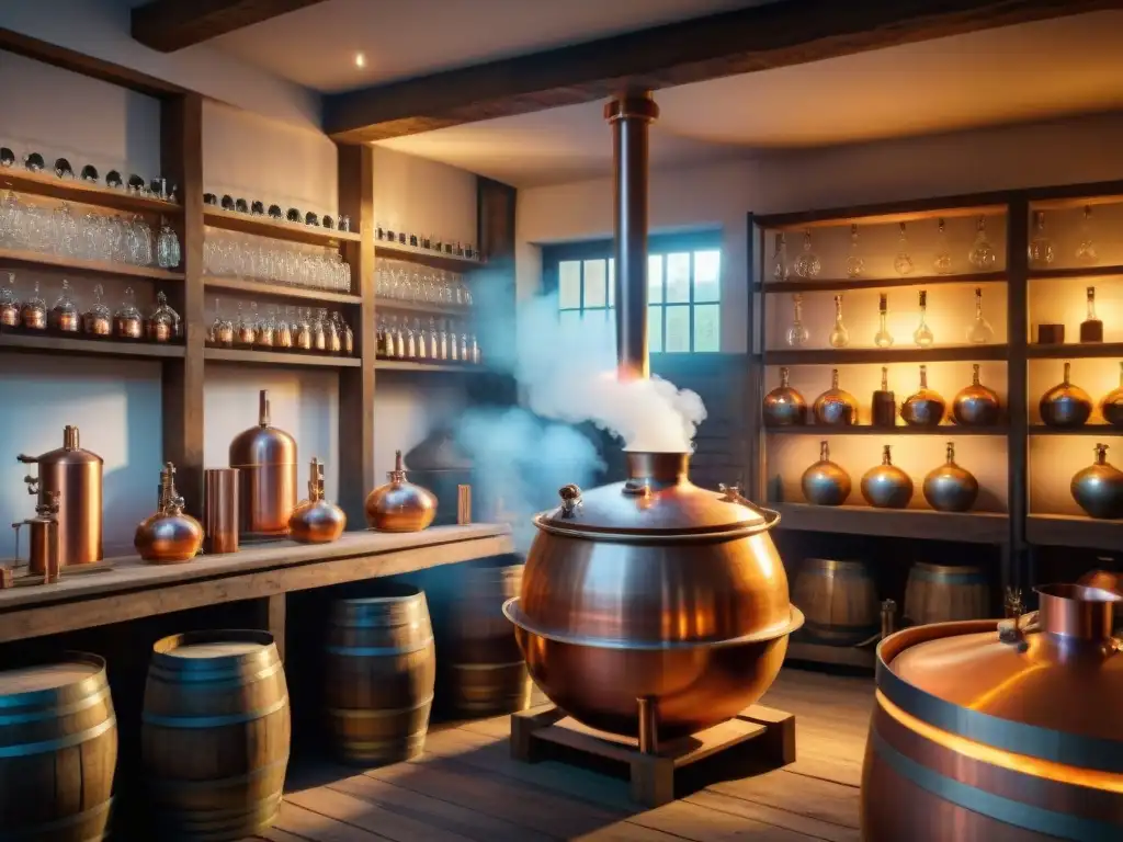 Producción artesanal de destilados en destilería artesanal con detalles de innovación y ambiente nostálgico