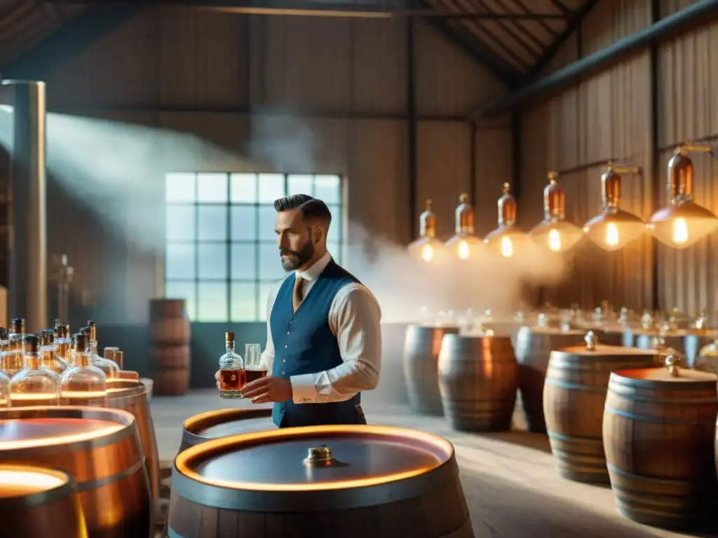 Producción artesanal de destilados: un taller vintage bañado por la cálida luz del sol, destilando innovación y legislación