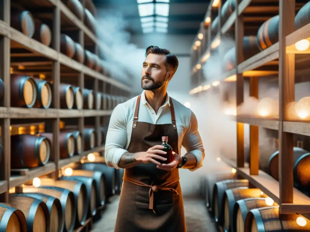 Un artesano en destilería inspecciona barriles de licor, rodeado de equipo antiguo y botellas polvorientas