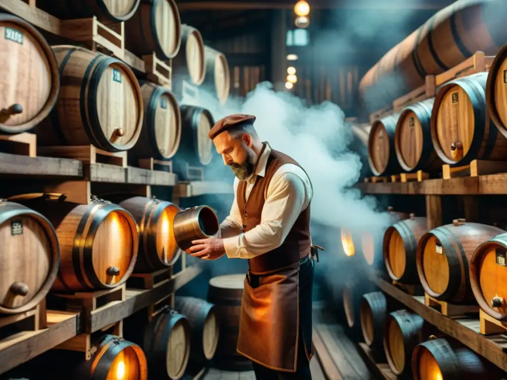 Artesano de barricas de whisky en destilería histórica Un artesano en una destilería histórica, creando barriles de whisky a mano en un ambiente rústico y tenue