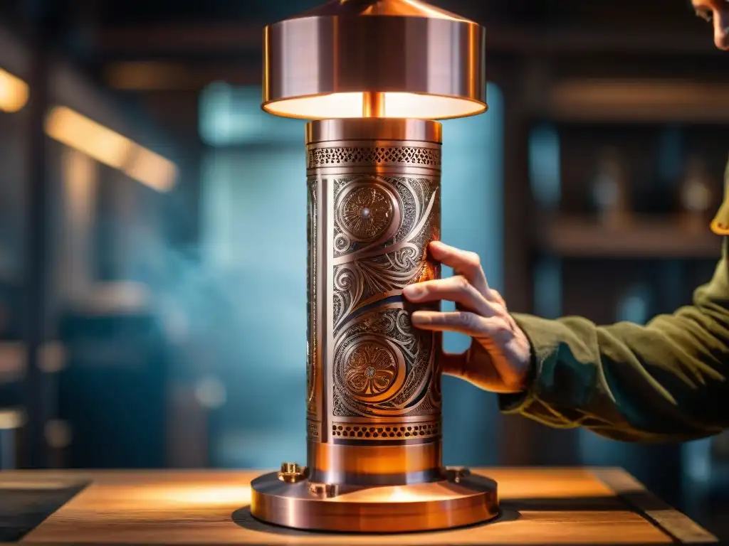 Artesanía en cobre: detalle único de grabado a mano Un artesano graba con precisión diseños en una columna de destilación de cobre, evocando tradición y expertise en la creación de equipo de destilación personalizado único