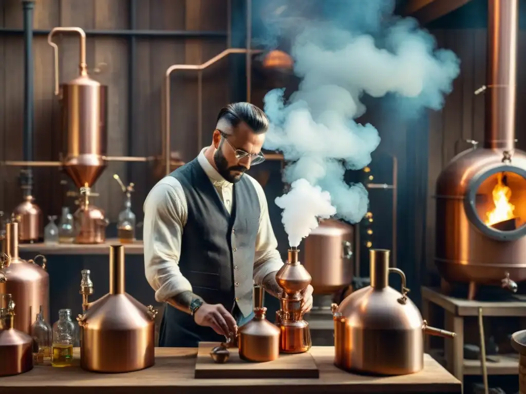 Artesano experto creando alambique moderno en taller rústico Un artesano meticuloso crea destilador de bebidas en taller rústico, iluminado por cálida luz de fuego