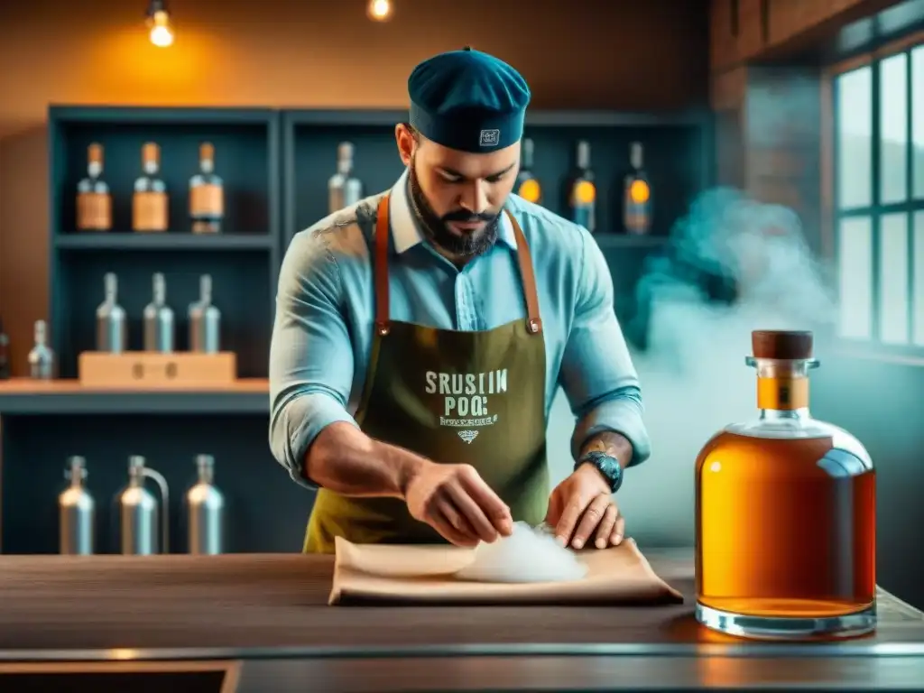 Artesano de destilería creando envases ecológicos para licores premium Artesano elaborando packaging ecológico para destilados sostenibles en destilería retro