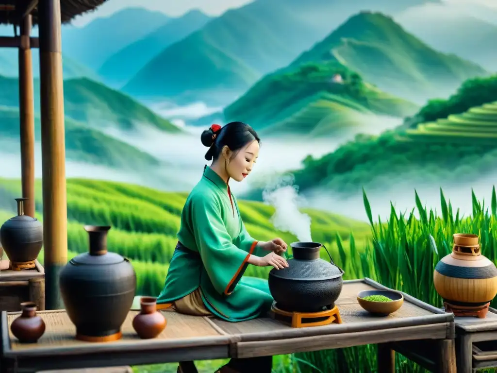 Artesanos chinos destilando alcohol: legado histórico y tradición Artesanos chinos destilan alcohol en escena histórica con alambiques de bambú y paisaje de campos de té y montañas