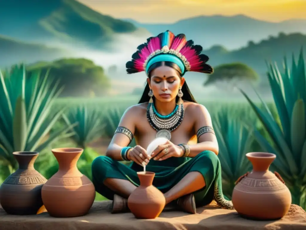 Artesanos mesoamericanos destilan bebidas en vasijas de barro en campos de agave bajo un cielo precolombino vibrante