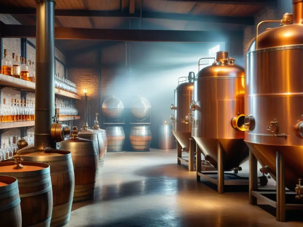 Destilería vintage: artesanos supervisan destilación Artesanos en destilería vintage con destiladores de cobre brillando bajo cálida iluminación
