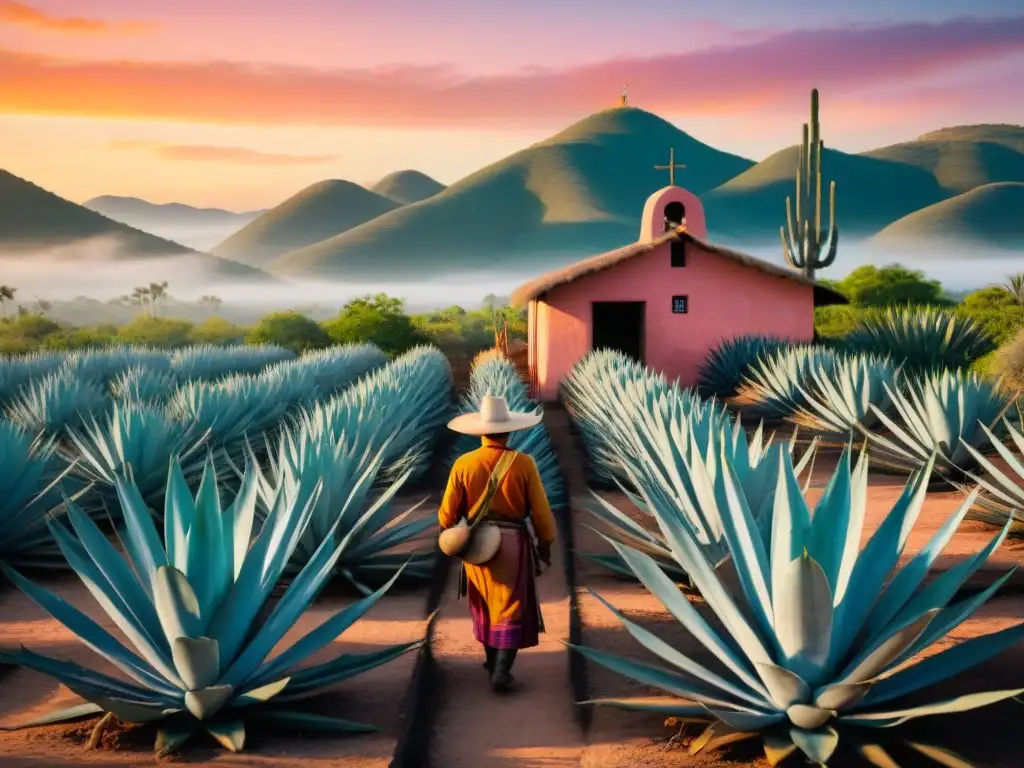 Destilería de agave al atardecer: tradición mexicana Un atardecer mágico en una destilería de agave mexicano, con trabajadores y plantas de agave