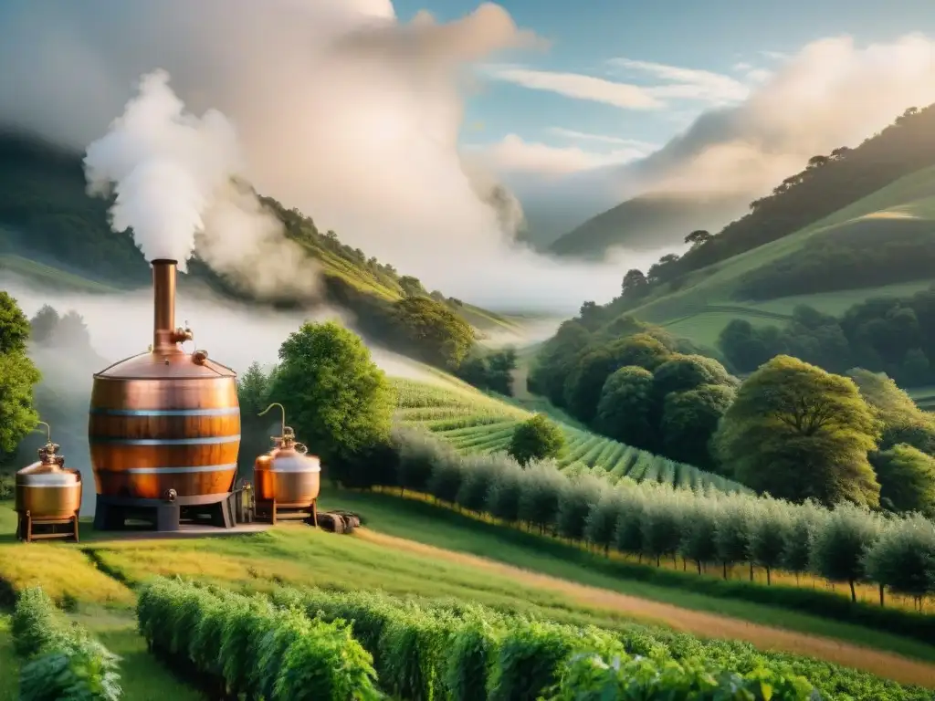 Destilería artesanal en las colinas: tradición y pureza en cada botella Atmósfera de destilería artesanal con innovaciones en embotellado destilados artesanales